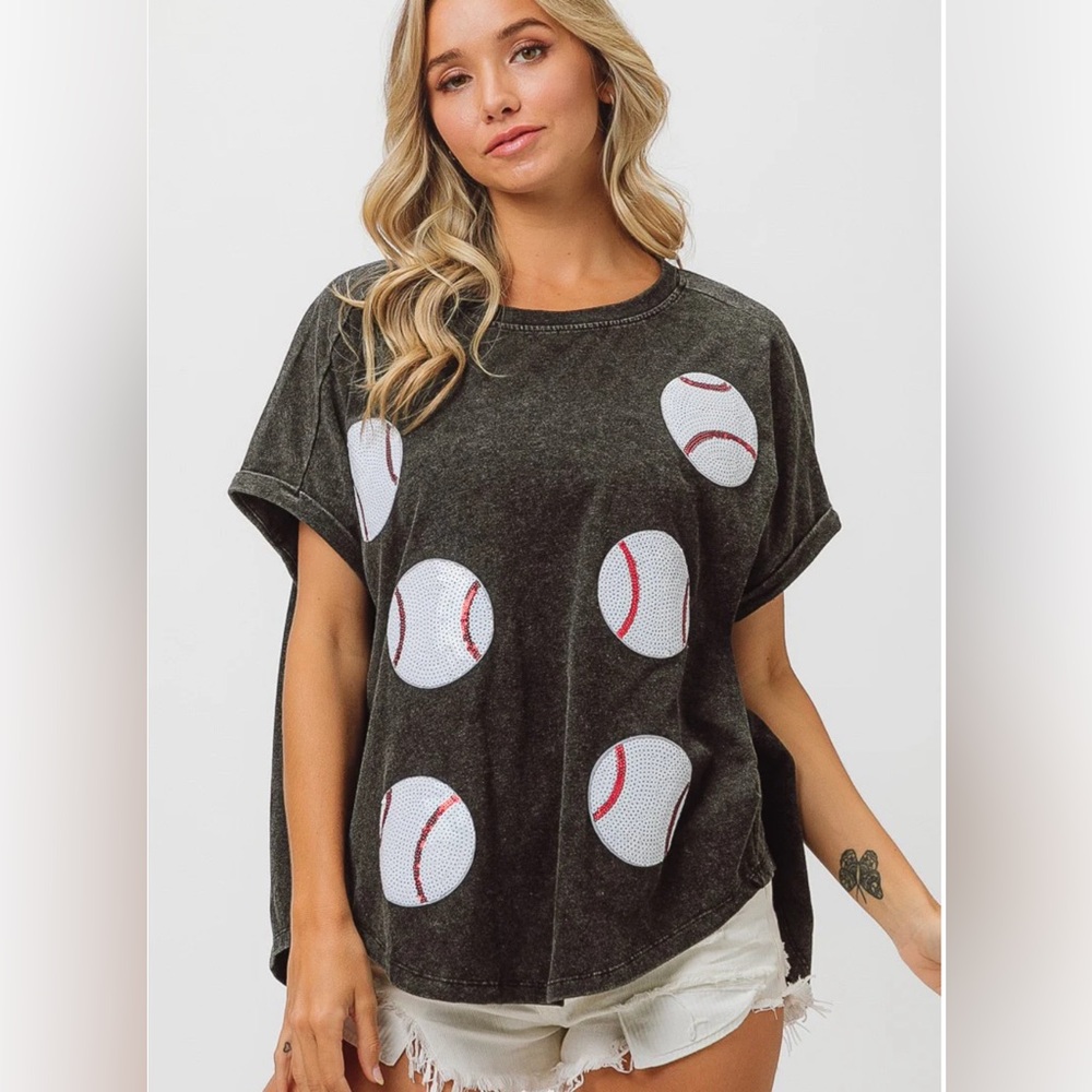 Bibi Gray Sequin Baseball Shirt